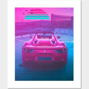 Car Retro Mountain Synthwave Posters and Art